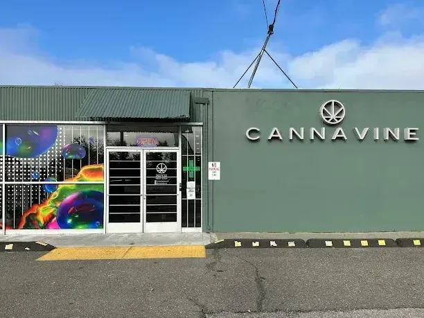 Cannavine storefront entrance with yellow curb and green exterior in Santa Rosa